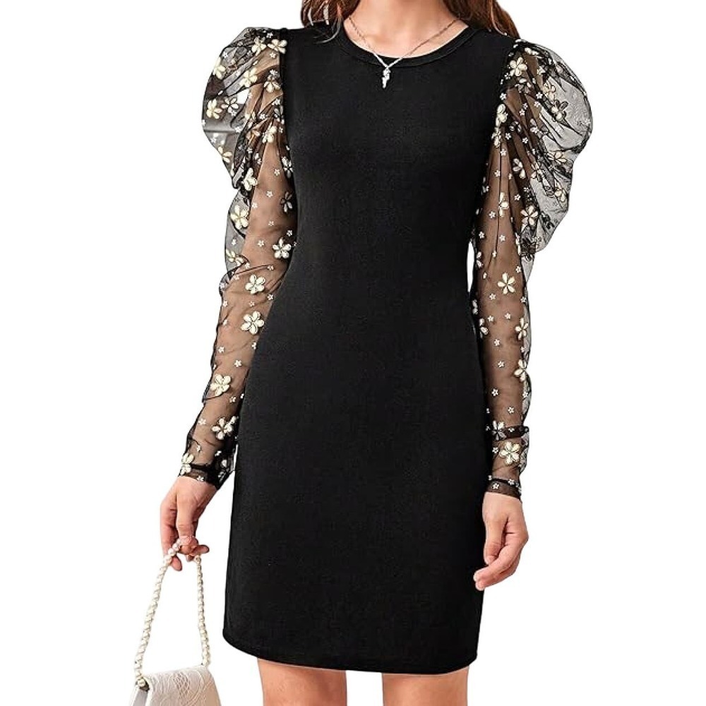 WDIRARA Mesh Floral Embroidery Party Mini Dress in Black, Size XS​​​​
